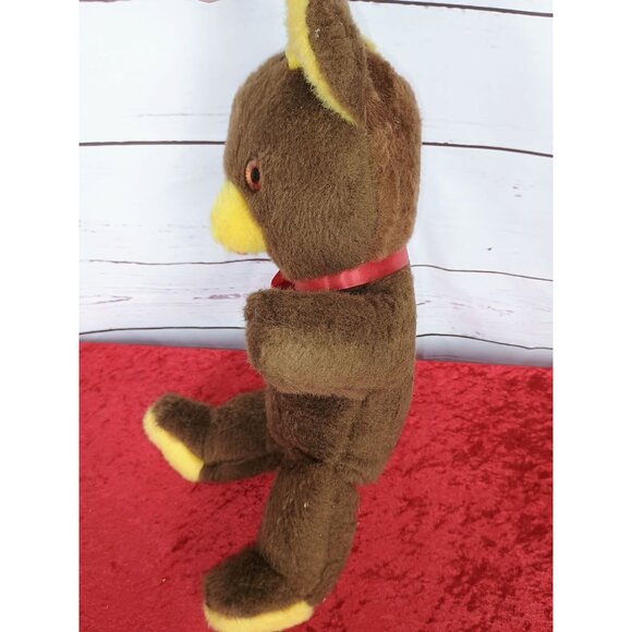 Vintage Gund 70s Brown Teddy Bear With Yellow Accents Nose Ears Feet Red Ribbon - Picture 3 of 6
